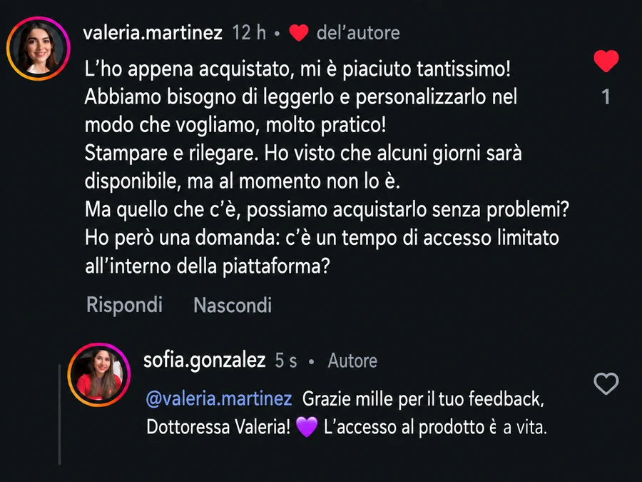 Question d'une acheteuse et réponse reçue, échange en italien